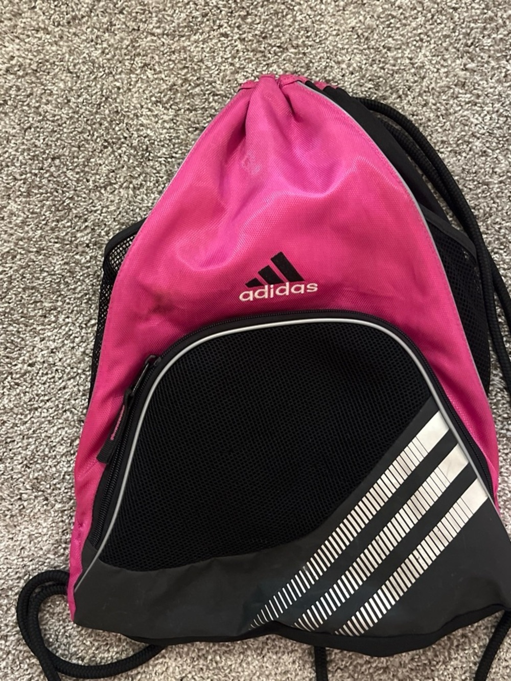 adidas Pink and Black Drawstring Backpack with Front Zip Pocket